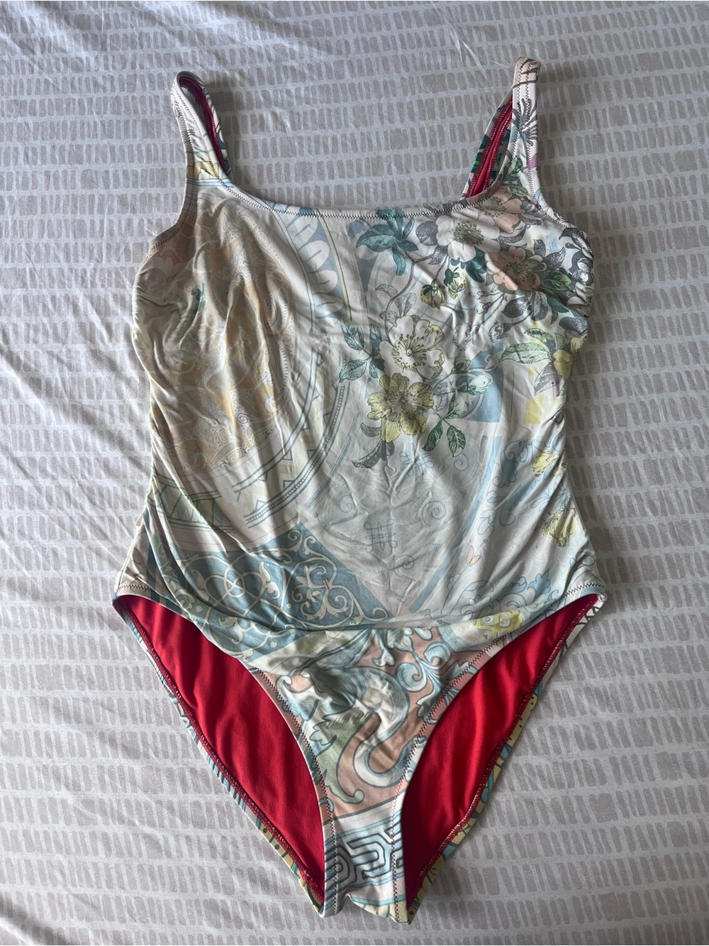 Johnny Was Floral-Print One-Piece Swimsuit with Red Lining Size M